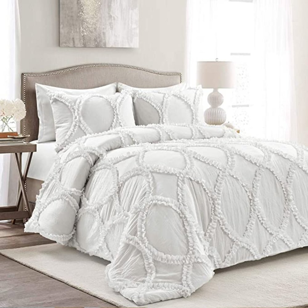 Ruffled 3 pieces Comforter /Shams Fancy Embroidery set King white